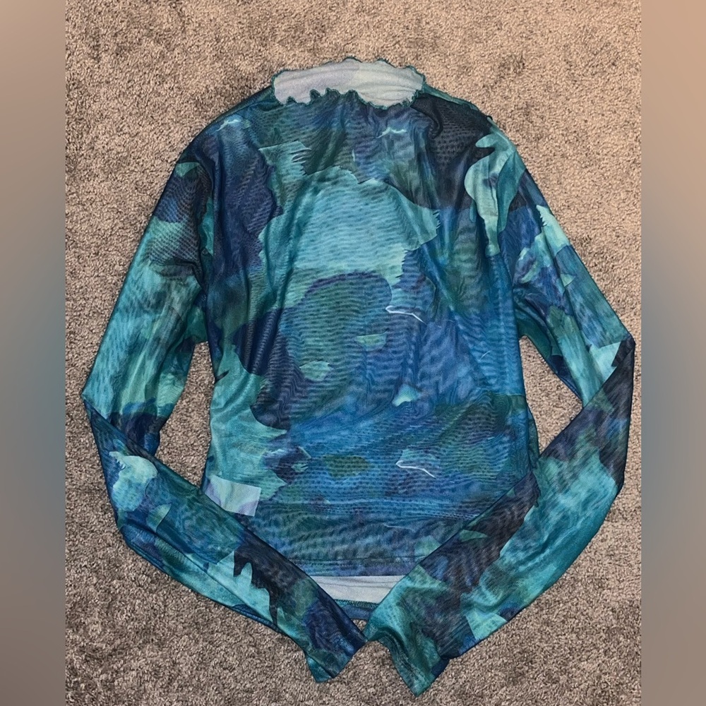Blue and Green Long Sleeve Mesh Top